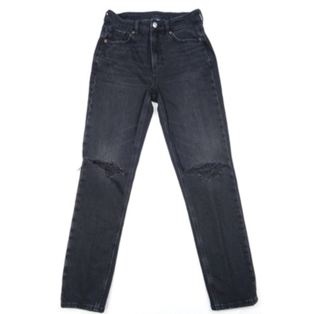 American Eagle Jeans Womens Size 4 Black Denim Mom Strigid High Rise Distressed